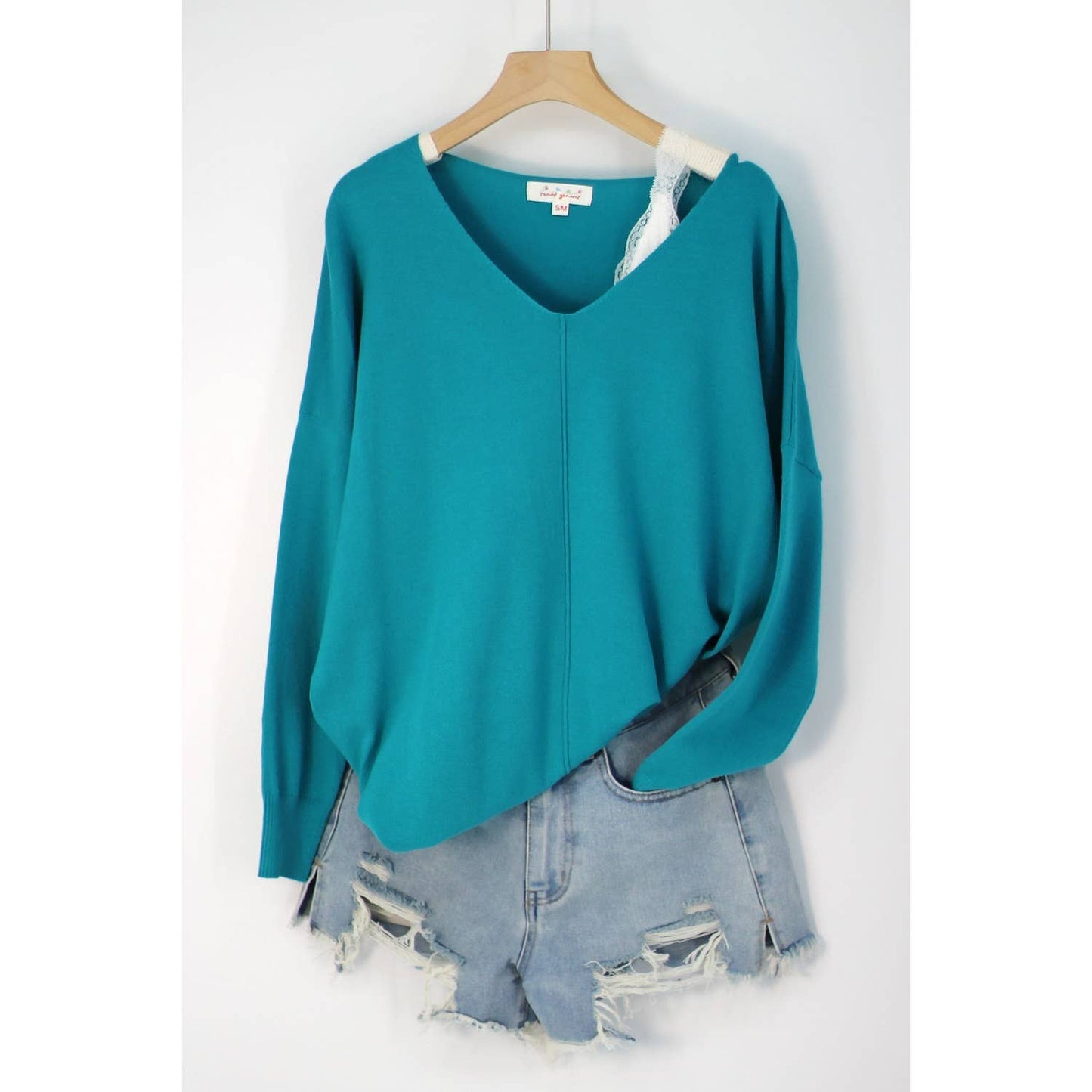 Teal Green Front Seam Low V-Neck Pullover