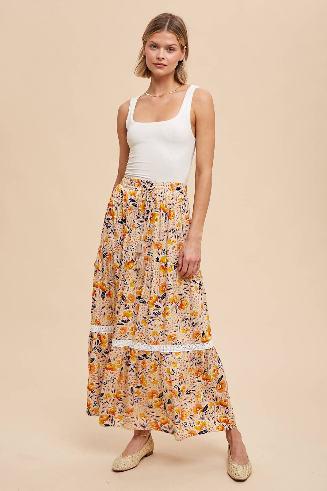 Floral Cream Printed Tiered Skirt