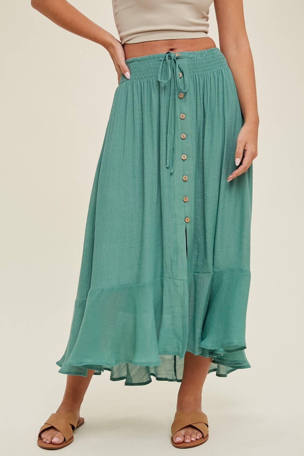 Pistachio Button-Up Midi Drawstring Skirt