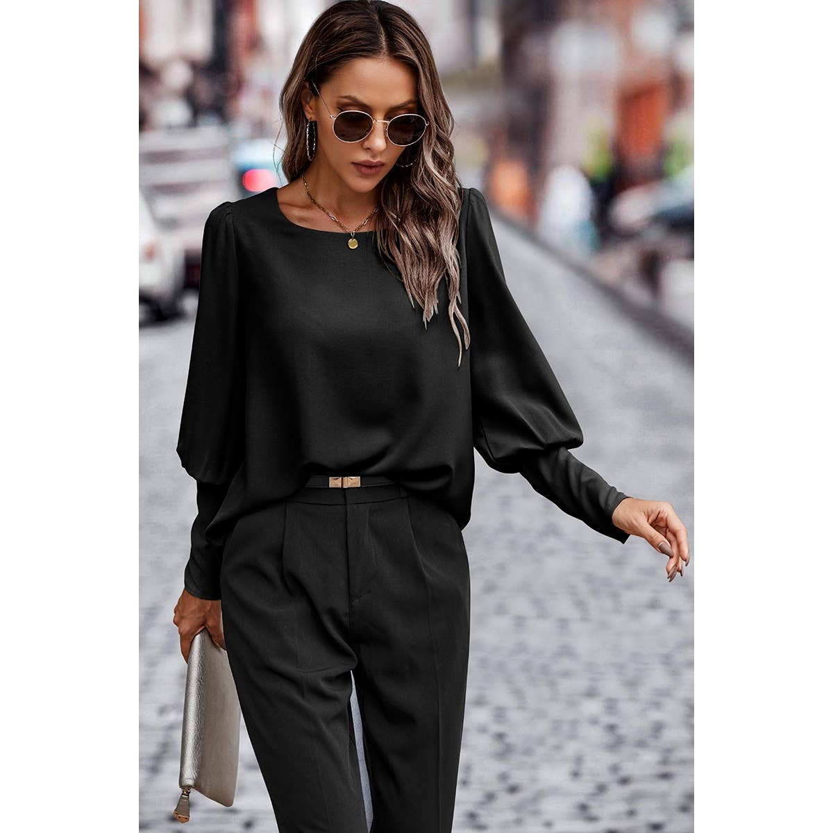 Black Button Back Blouse Puff Sleeve Top