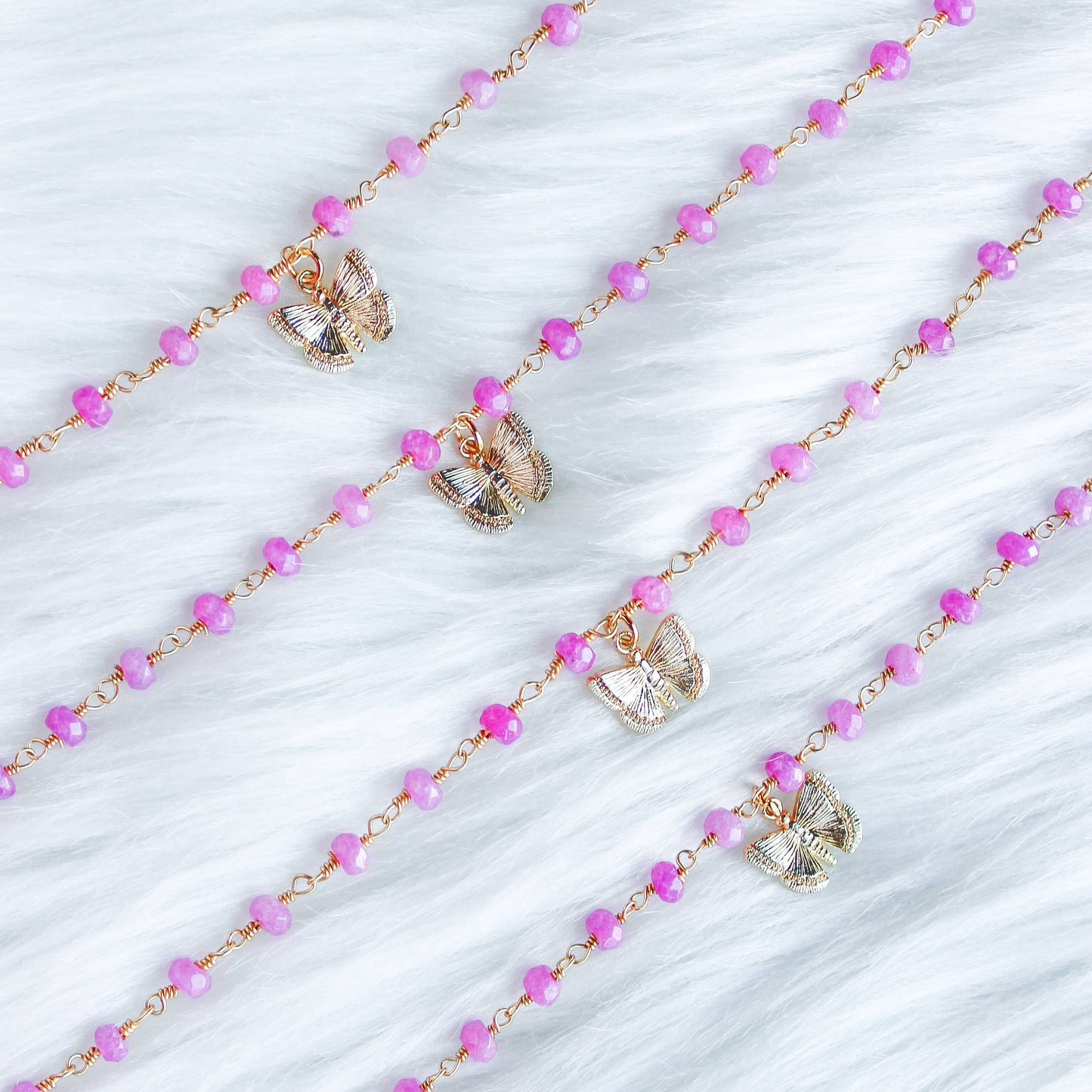 One & Only- Hot Pink Beaded Rosary Chain Butterfly Necklace