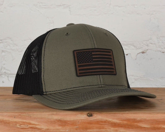 Loden/Black American Flag Leather Patch Snapback - Purpose + Passion Boutique